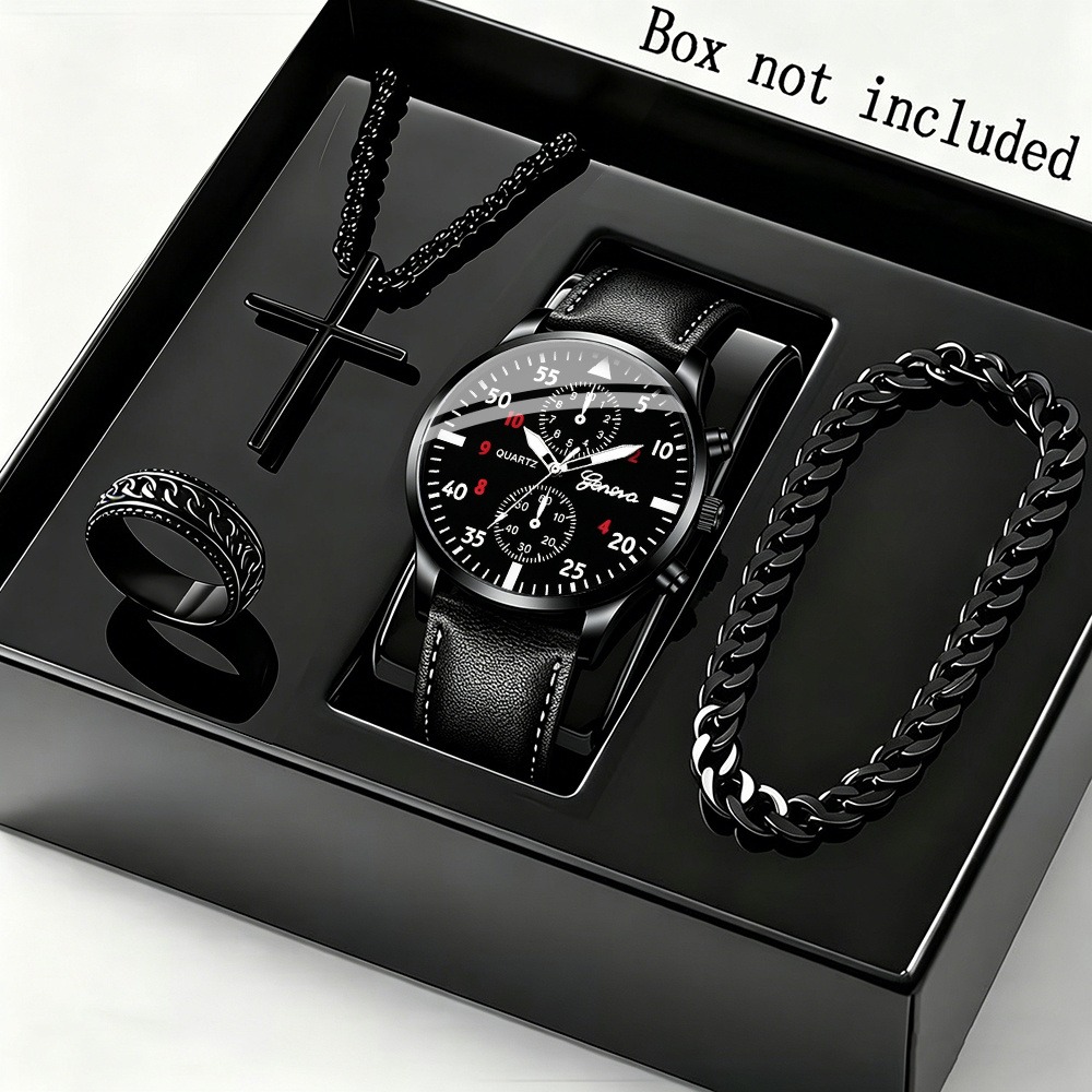 Men Accessories Ring And Bracelet - Conjunto Elegante de 4 Peças: Relógio